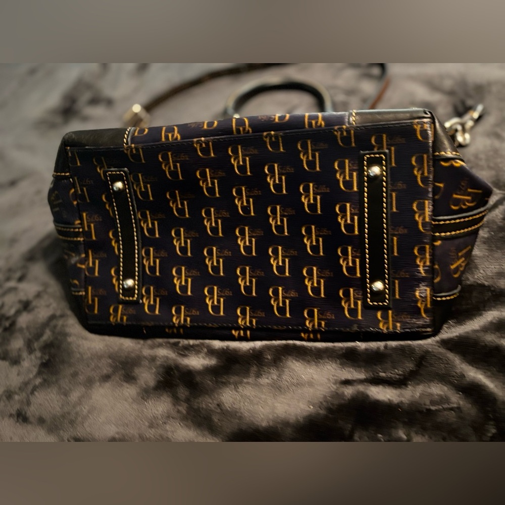 Dooney Bourke Monogram Pattern Navy and Brown Satchel Handbag - Picture 14 of 15